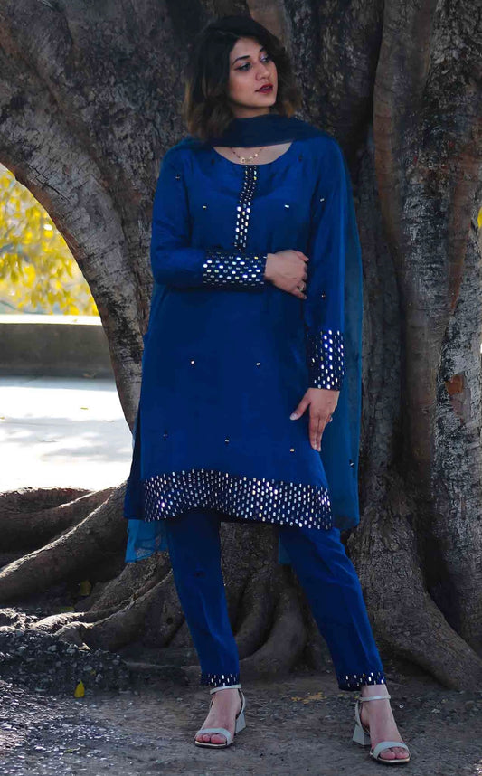 Marina Navy Blue Raw silk Elegant Heavy Mirror work Full sleeves Kurta Set