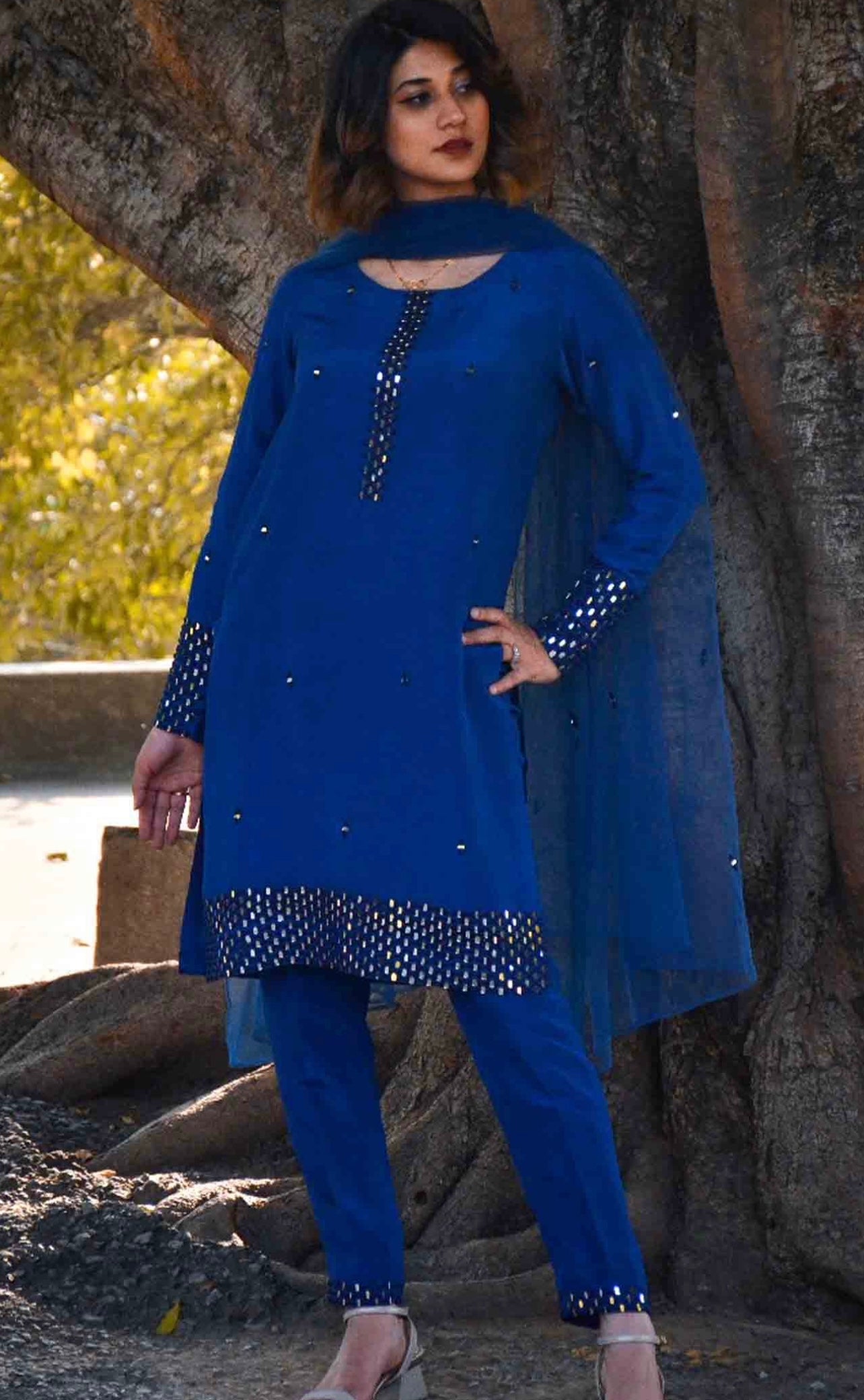 Marina Navy Blue Raw silk Elegant Heavy Mirror work Full sleeves Kurta Set