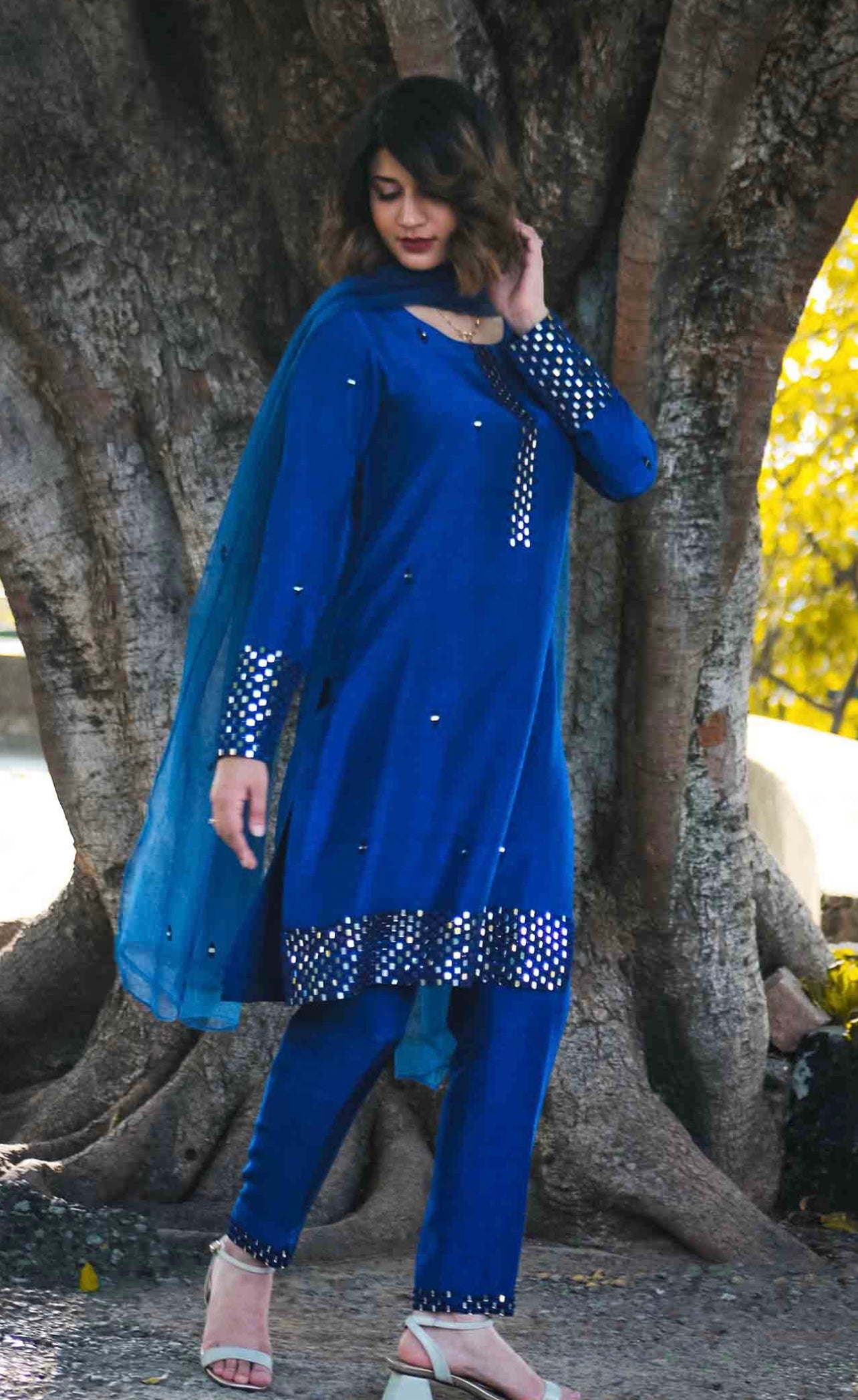 Marina Navy Blue Raw silk Elegant Heavy Mirror work Full sleeves Kurta Set