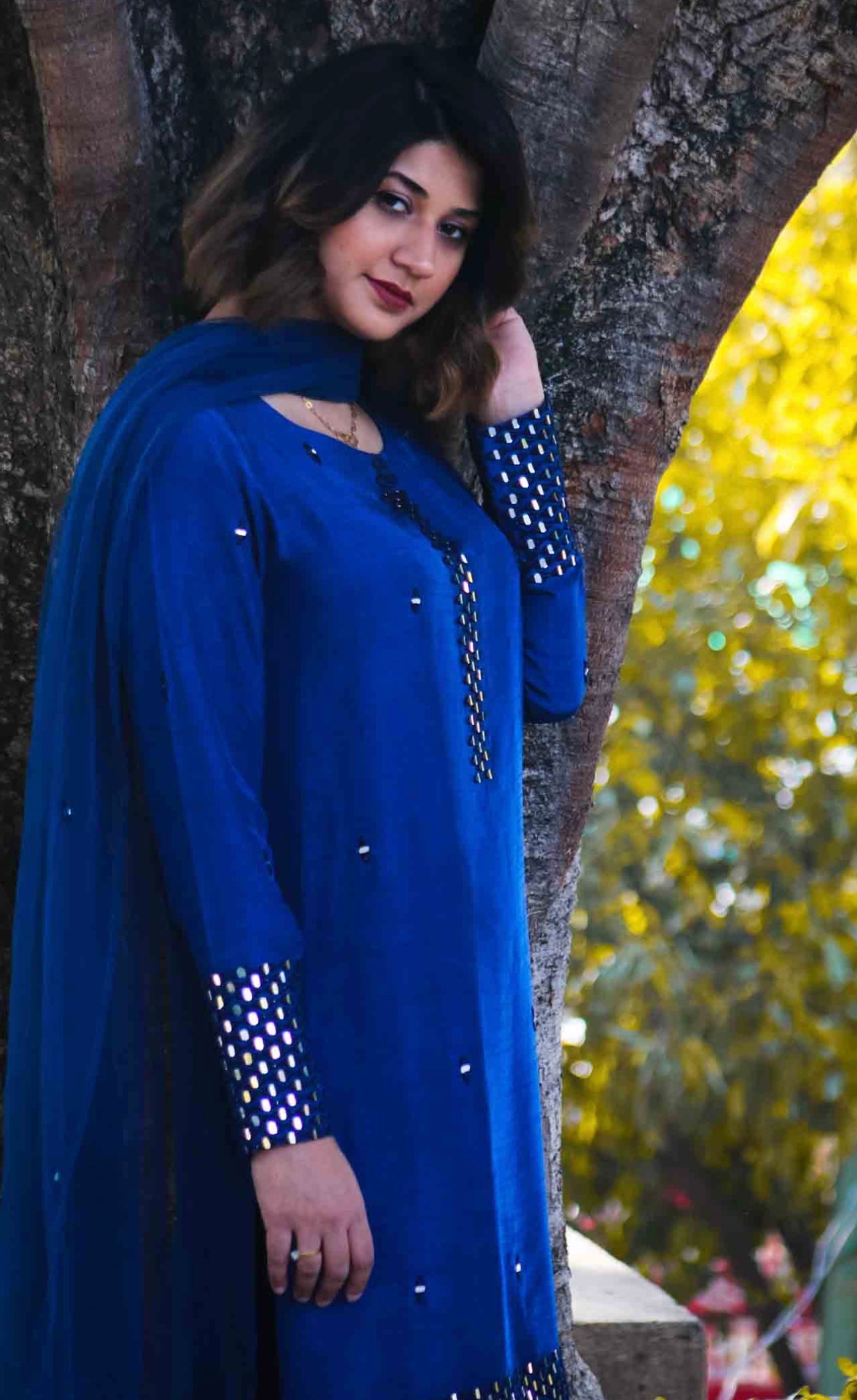 Marina Navy Blue Raw silk Elegant Heavy Mirror work Full sleeves Kurta Set
