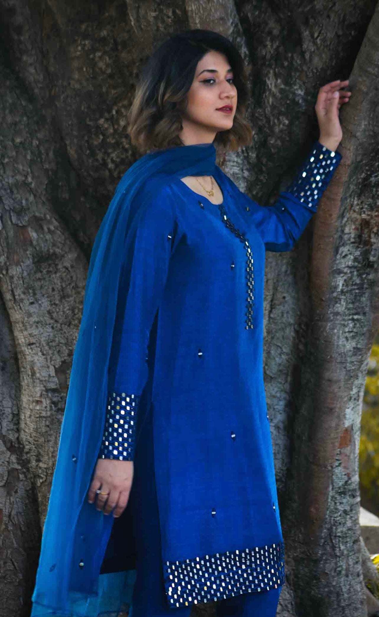 Marina Navy Blue Raw silk Elegant Heavy Mirror work Full sleeves Kurta Set