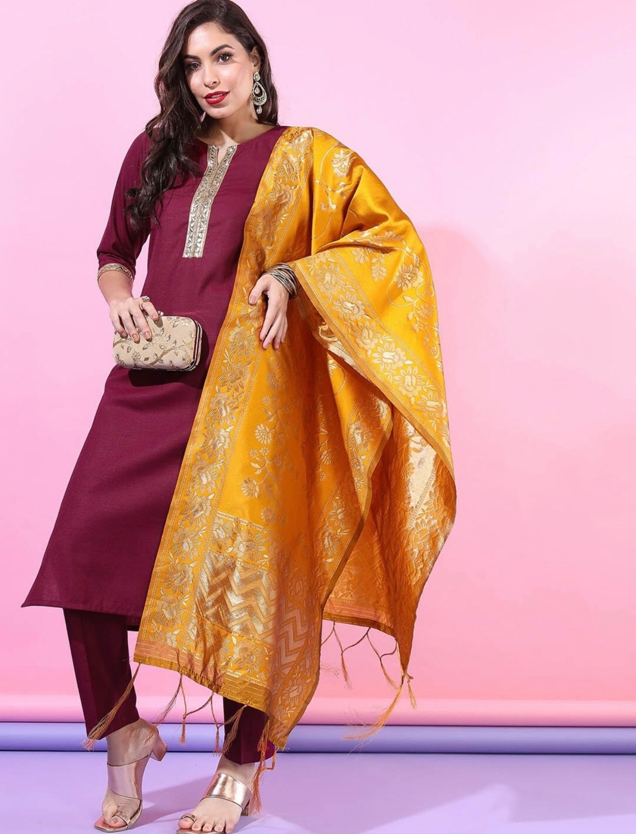Beautiful Maroon and Yellow Kurta set