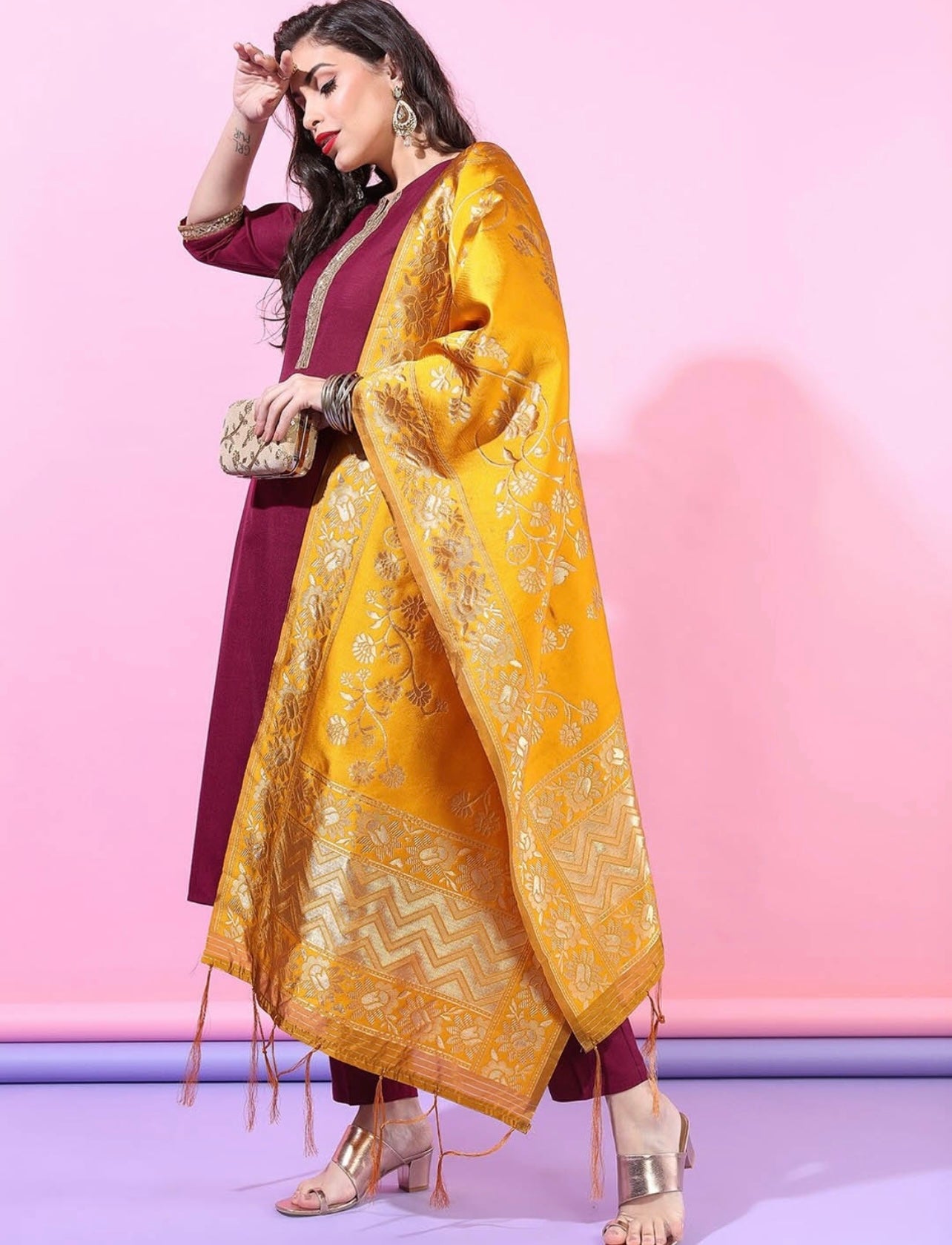 Beautiful Maroon and Yellow Kurta set
