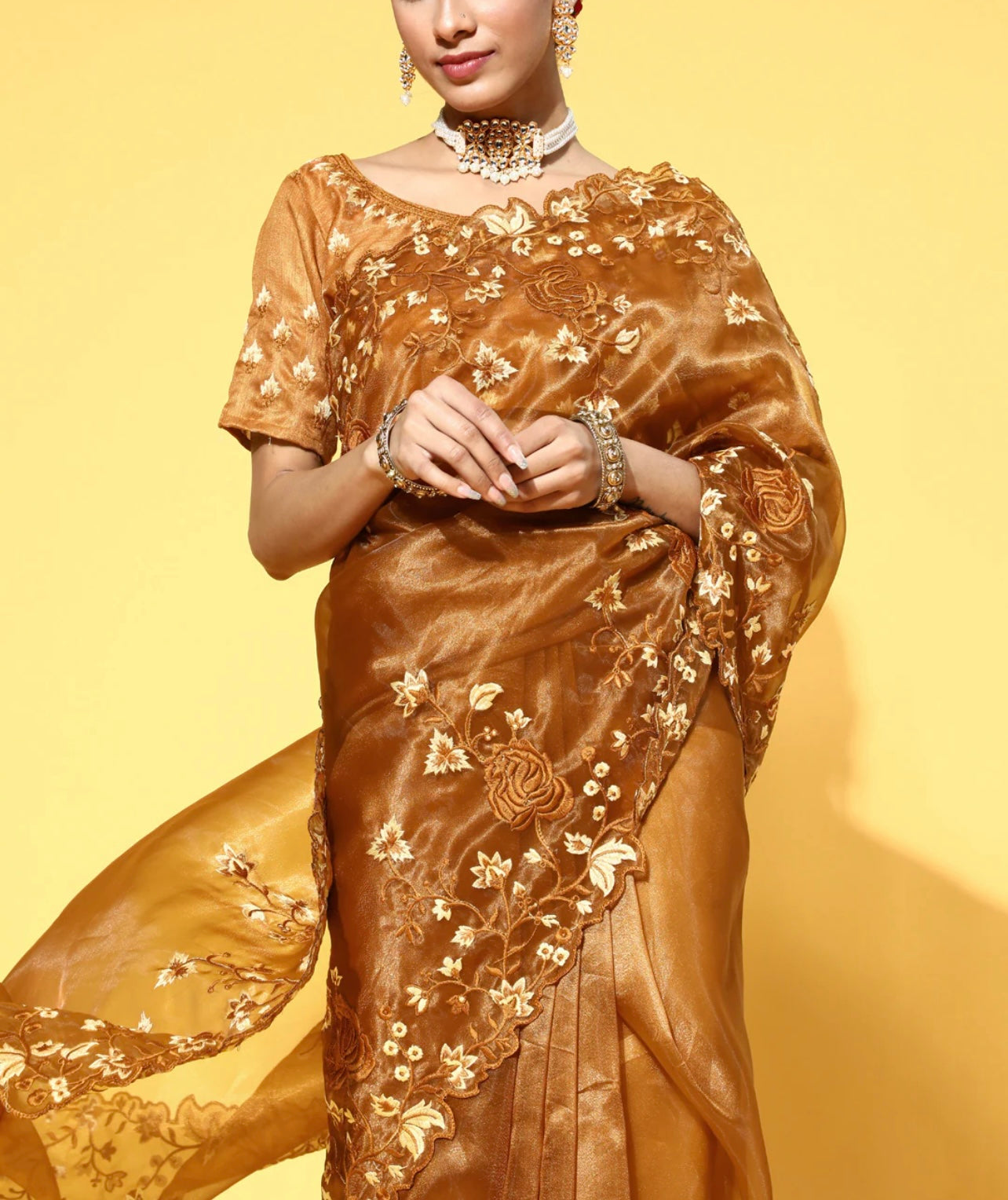 Floral embroidered Organza saree with unstitched blouse