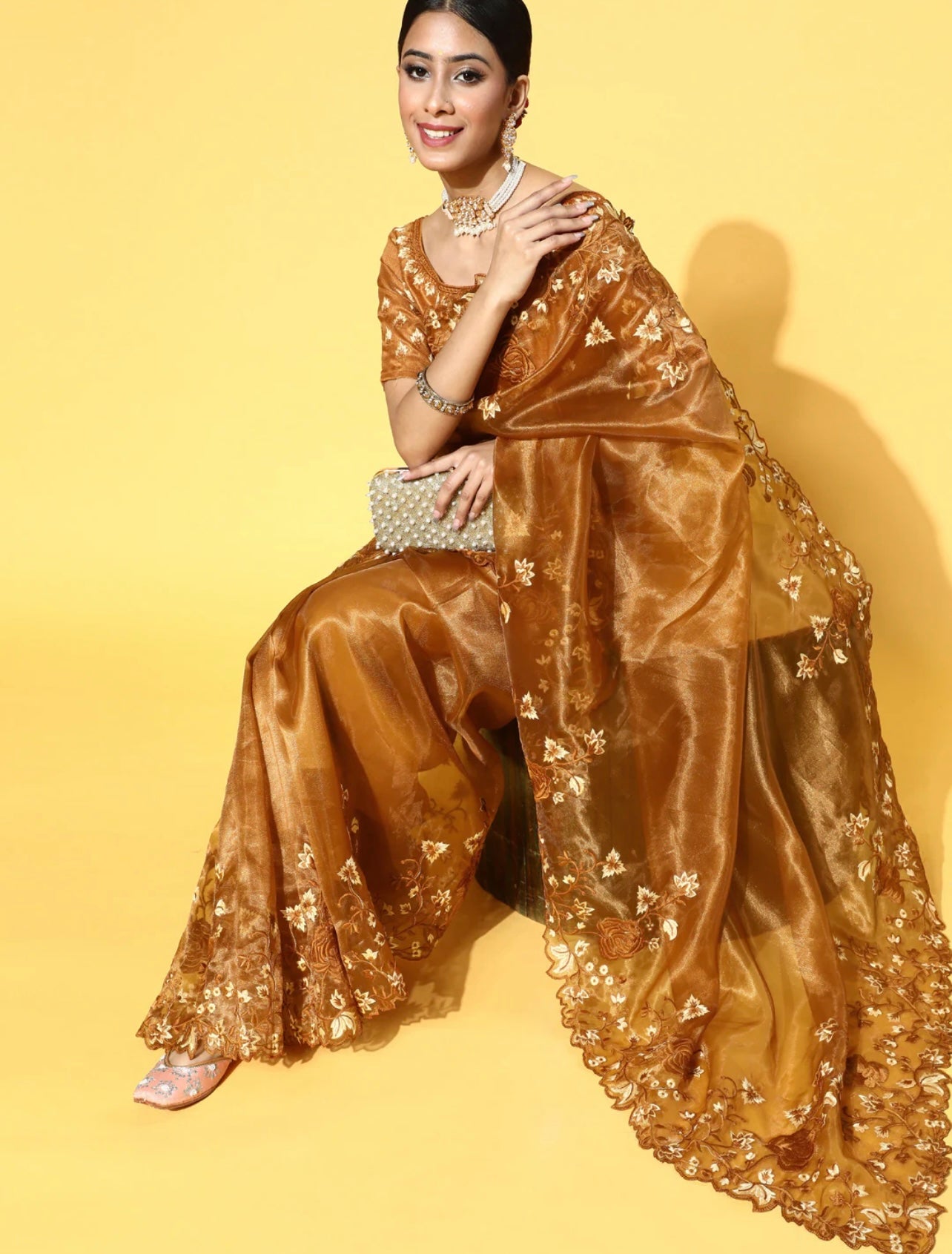 Floral embroidered Organza saree with unstitched blouse