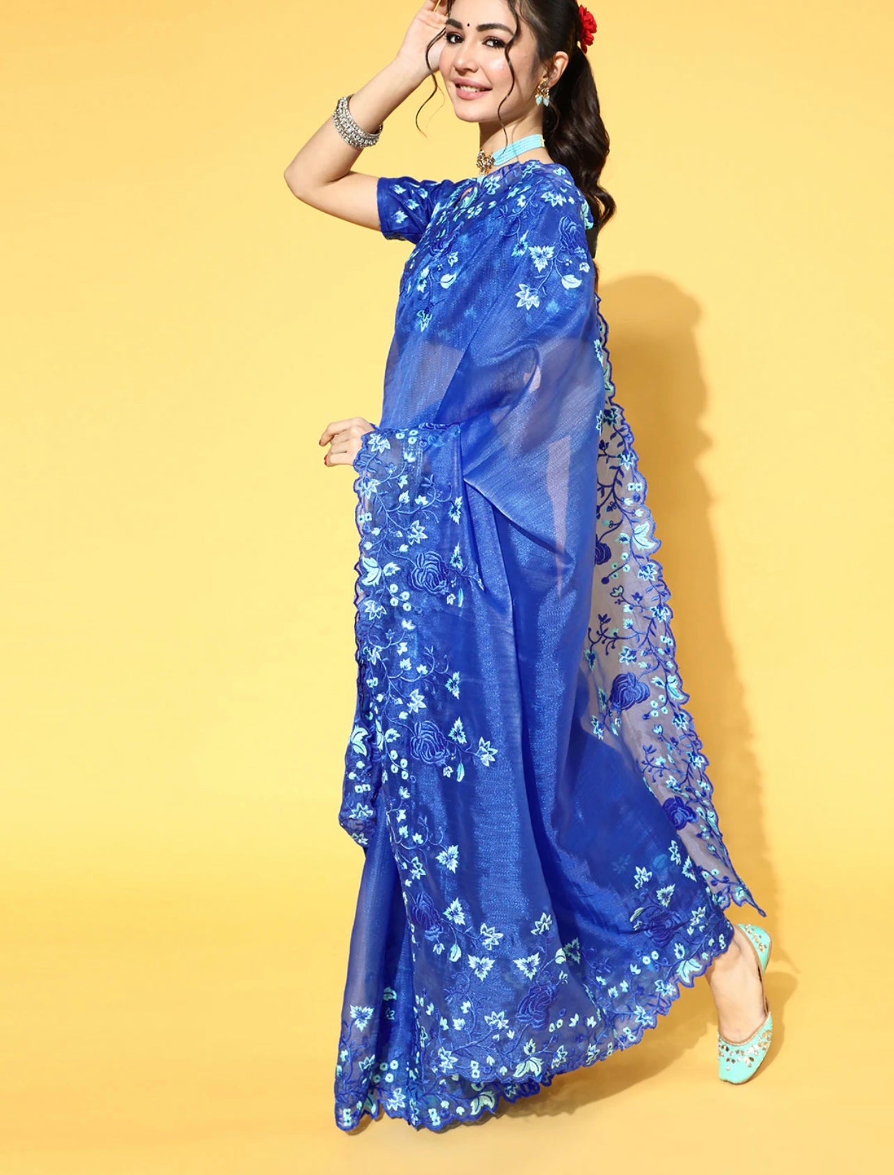 Blue floral emroidered organza saree with unstitched blouse