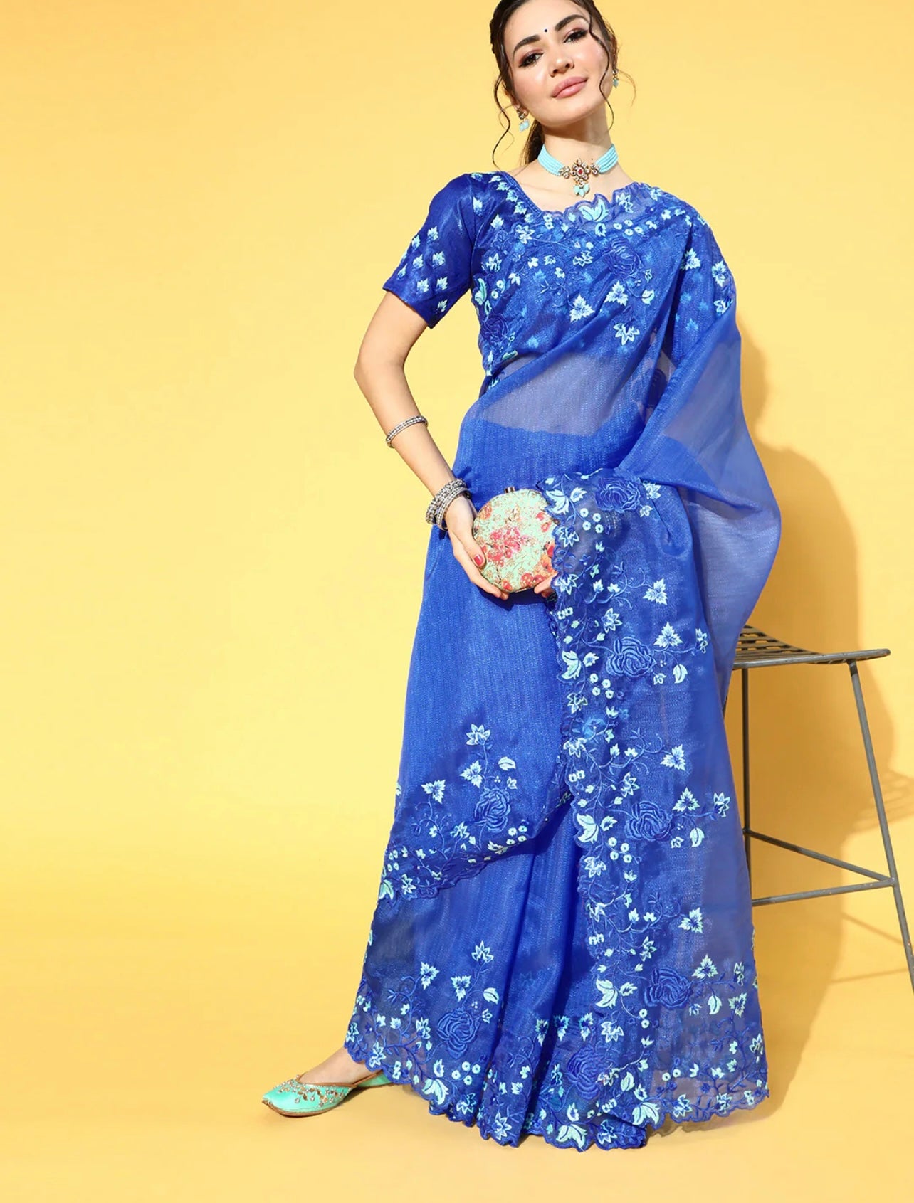 Blue floral emroidered organza saree with unstitched blouse