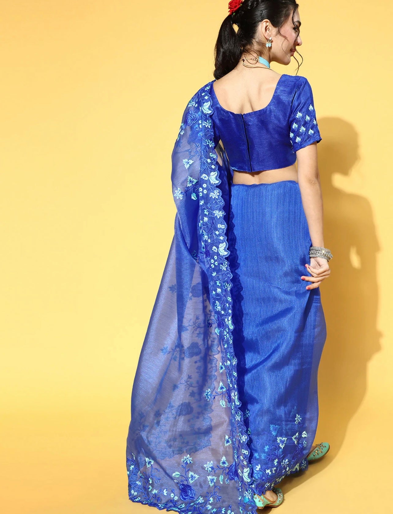 Blue floral emroidered organza saree with unstitched blouse