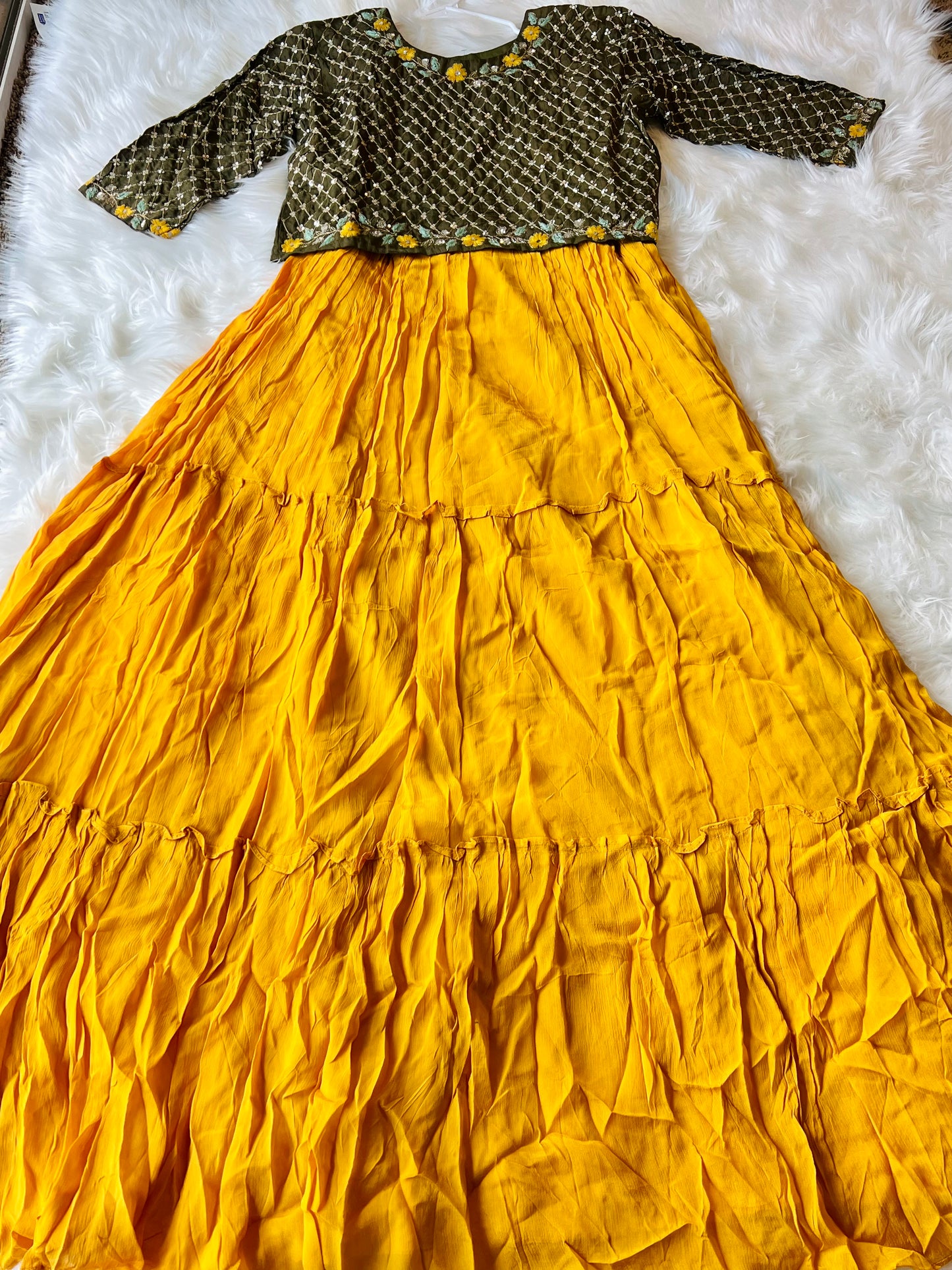 Yellow & Green Beautiful Heavy Handwork floor length gown with jacket