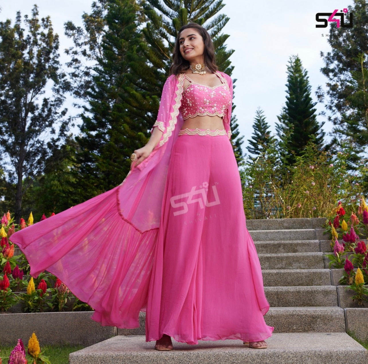 Eisha Pink handwork Crop top and Shrug Set