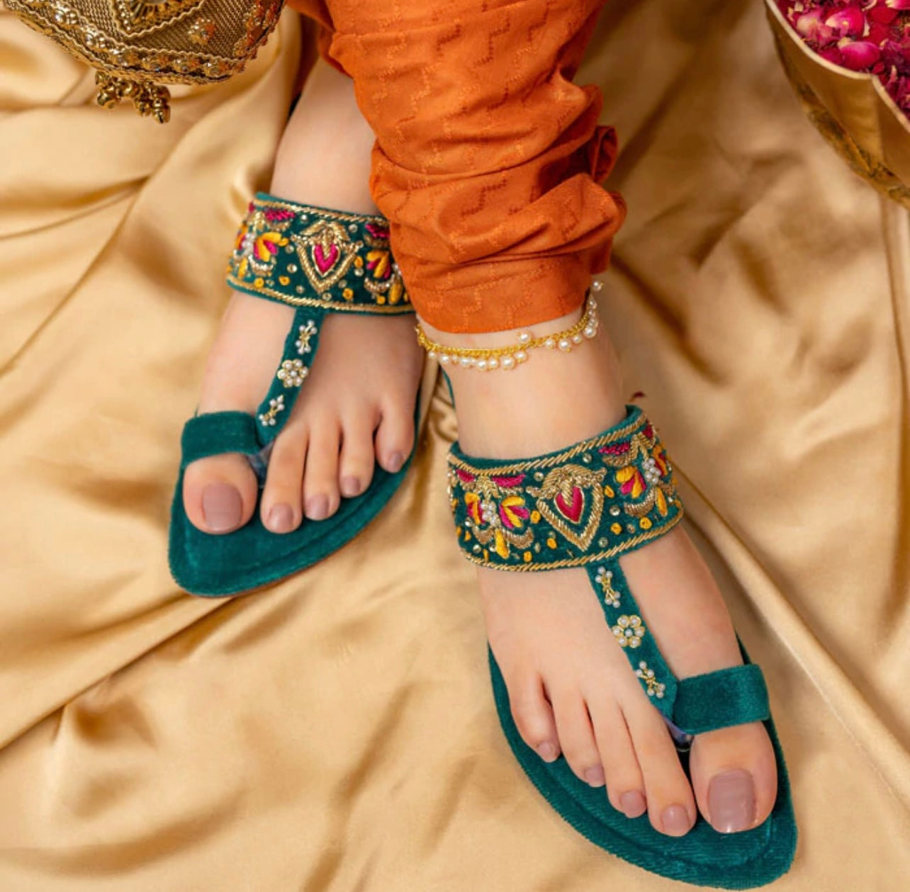Dazzle Teal handcrafted velvet maharani flats