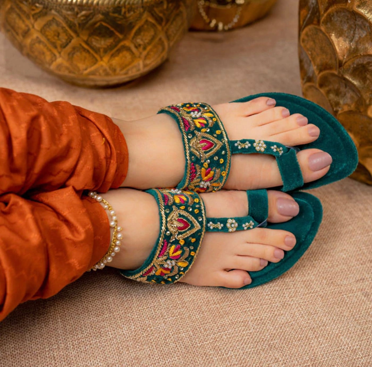 Dazzle Teal handcrafted velvet maharani flats