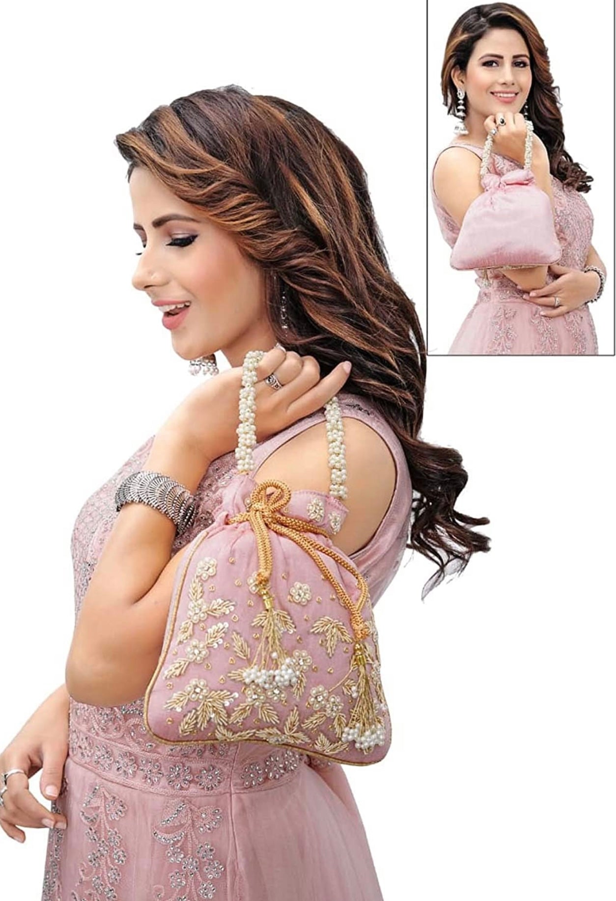 Classy Pink Potli bag with Heavy Jardoshi handwork