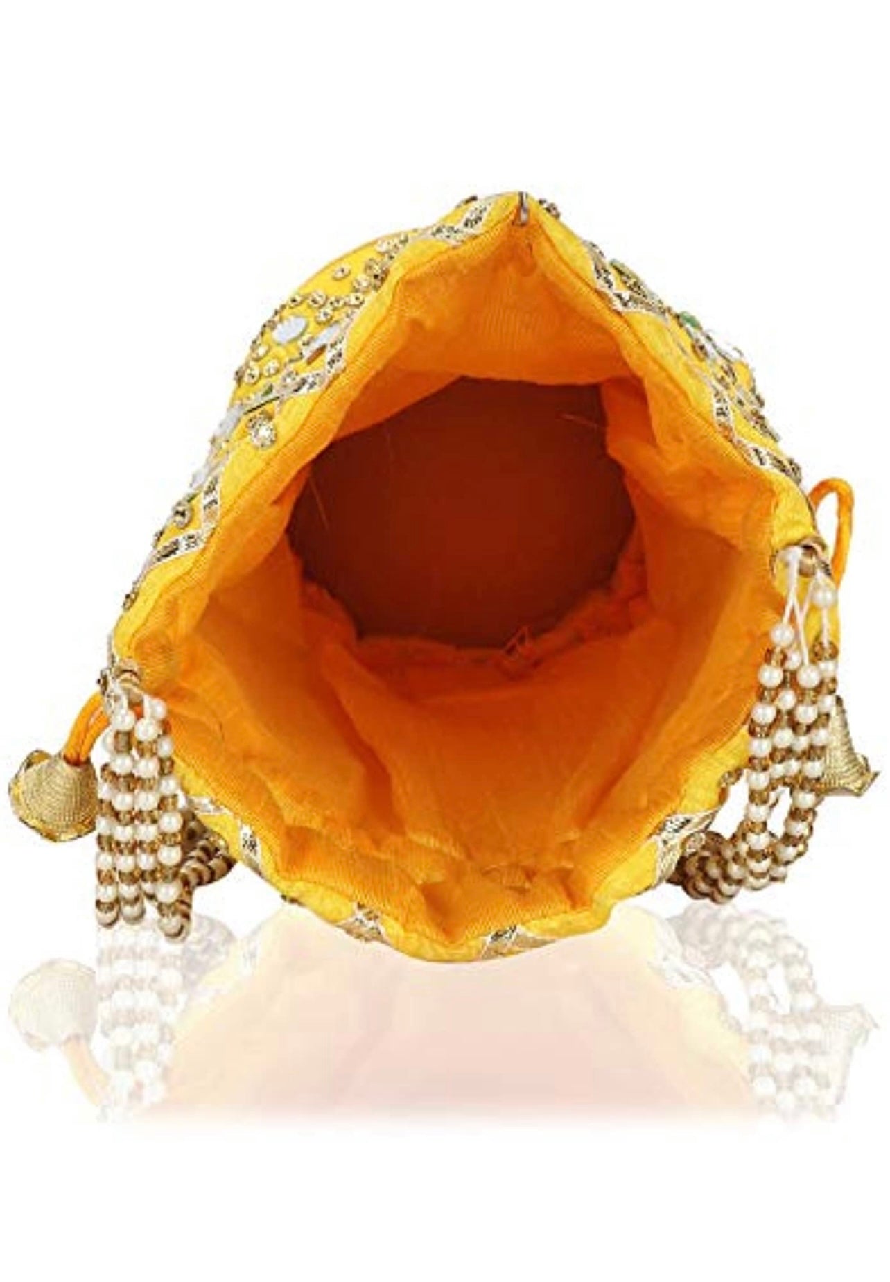 Yellow Trendy Mirror Potli bag with pearl strap