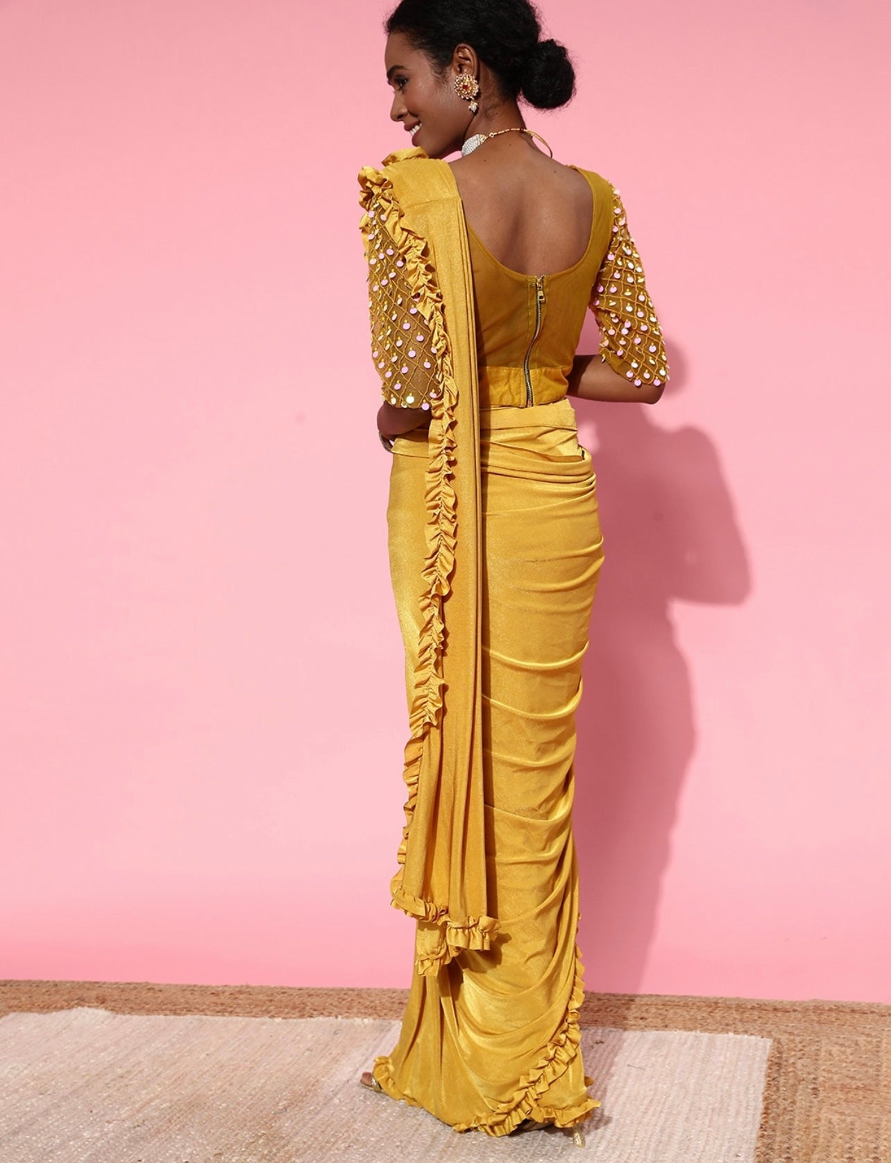 Yellow Ready to wear Saree with crochet blouse