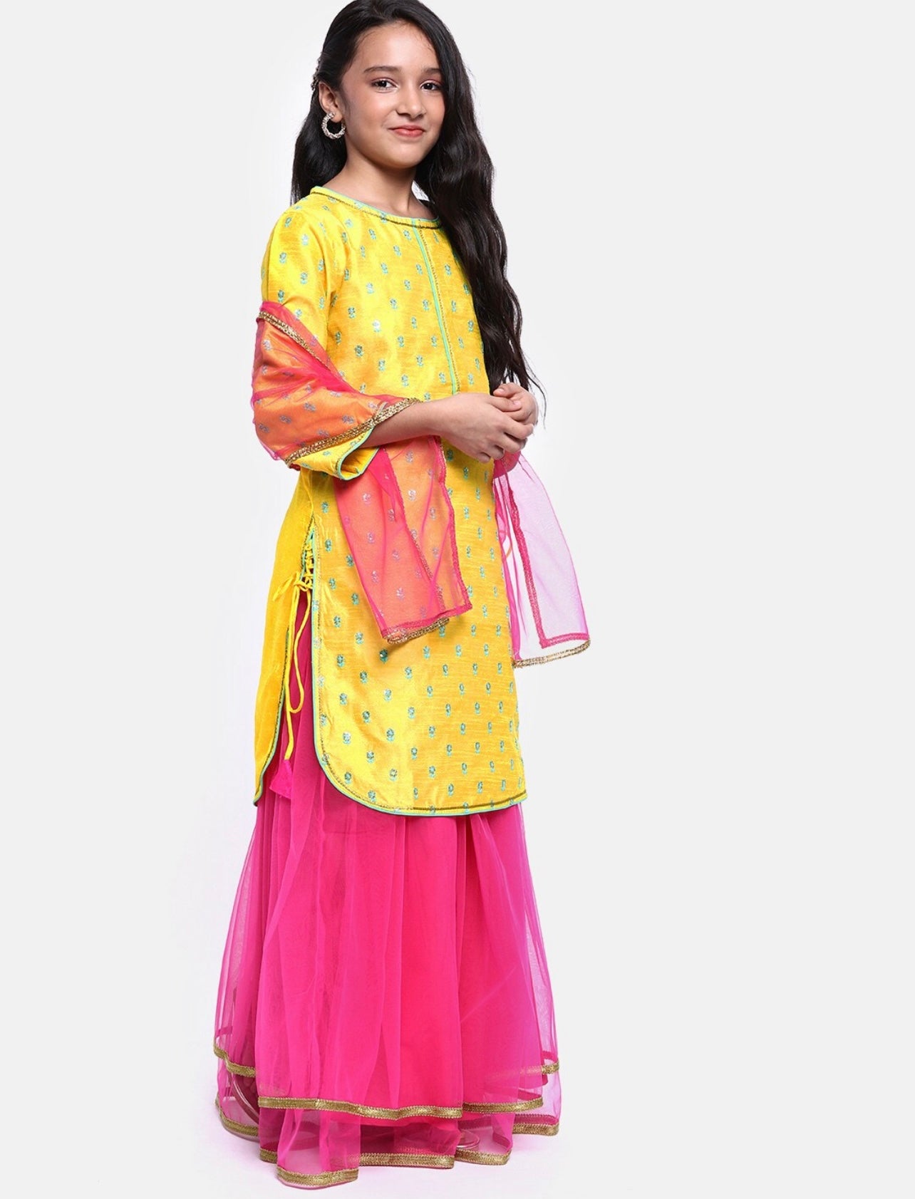Indi Kids Beautiful Yellow and Pink Partywear Sharara suit