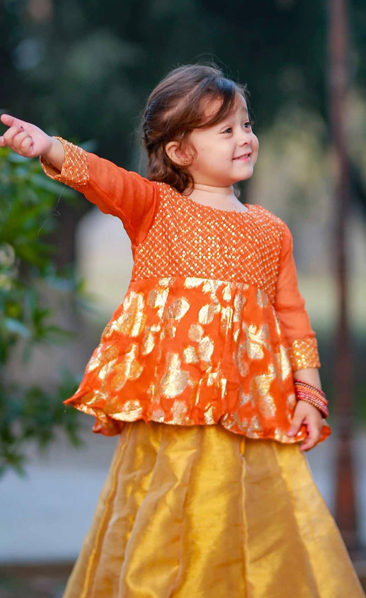 Orange heavy Sequin work Lehenga Set for For Girls