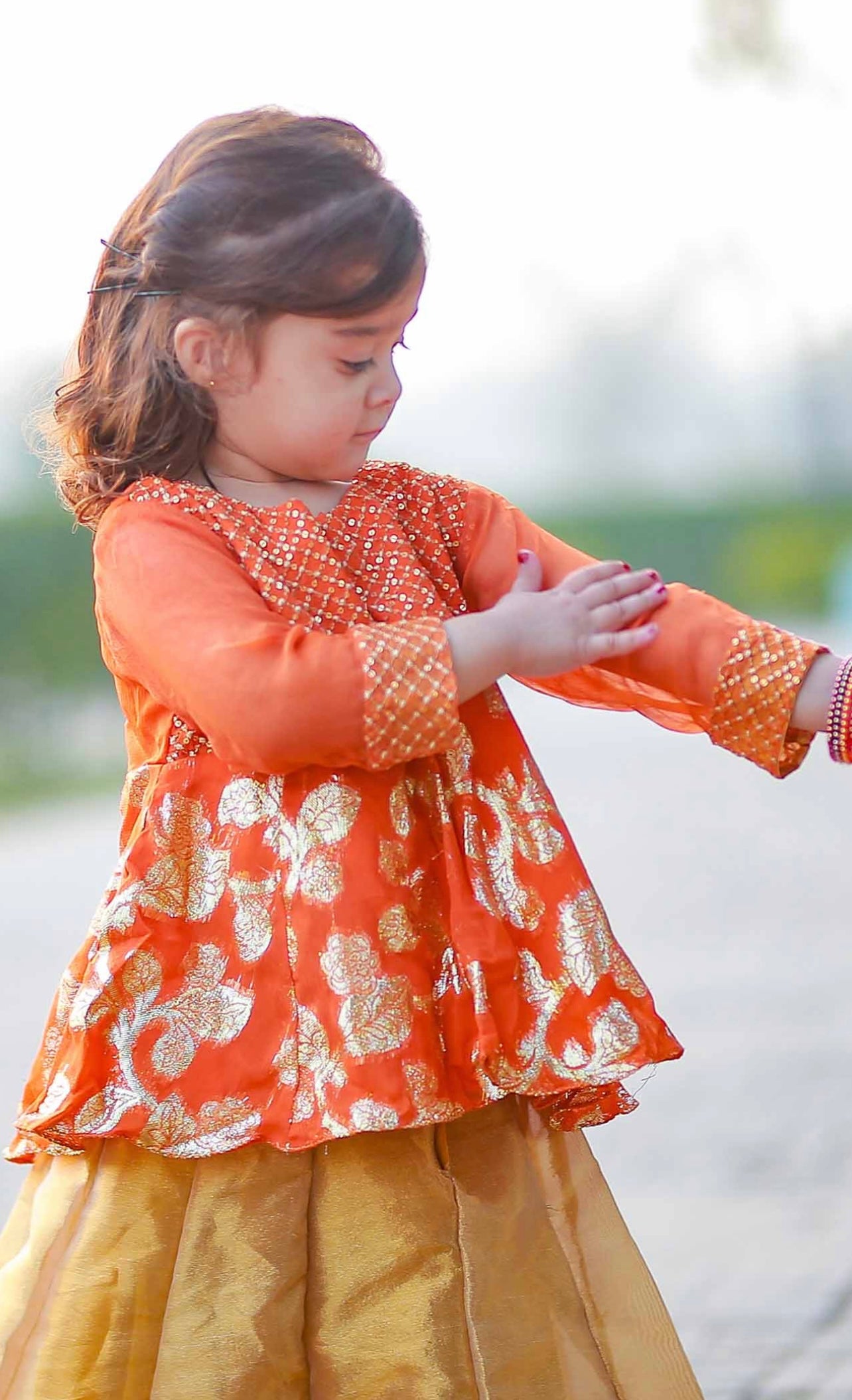 Orange heavy Sequin work Lehenga Set for For Girls
