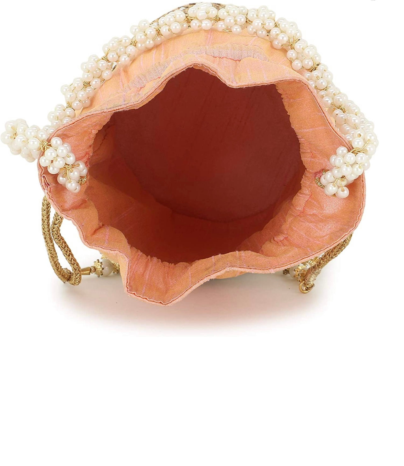 Peach Potli bag with Jardoshi and Pearl hand work