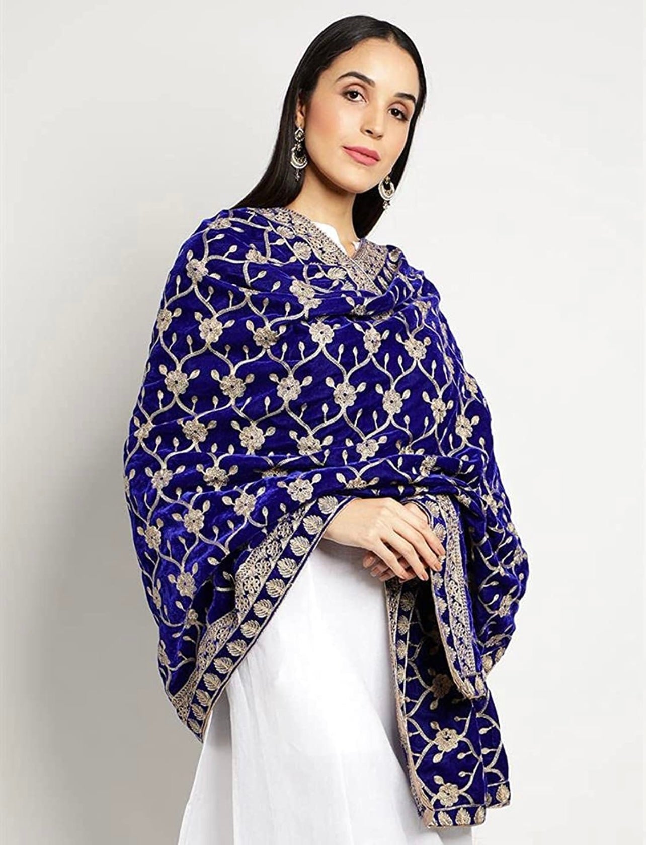 Blue Luxurious Heavy All over work velvet Shawl