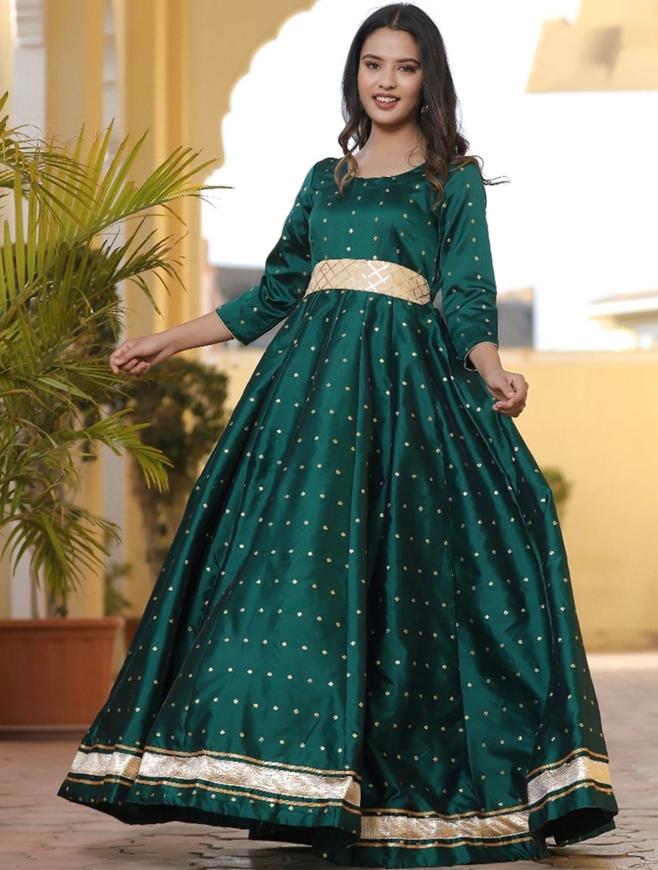Green Ethnic Maxi Gown with Embbellished Belt Green Ethnic Maxi Gown with Embbellished Belt