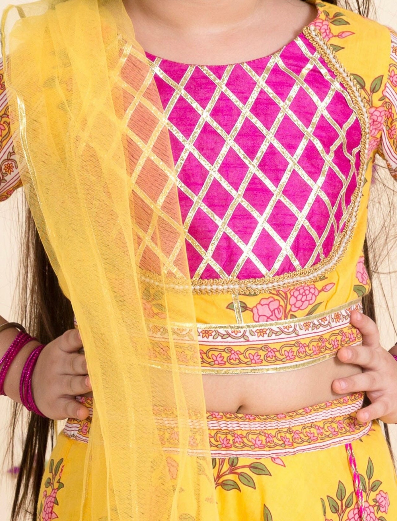 Indi Kids Yellow and Pink Girls Lehenga Choli