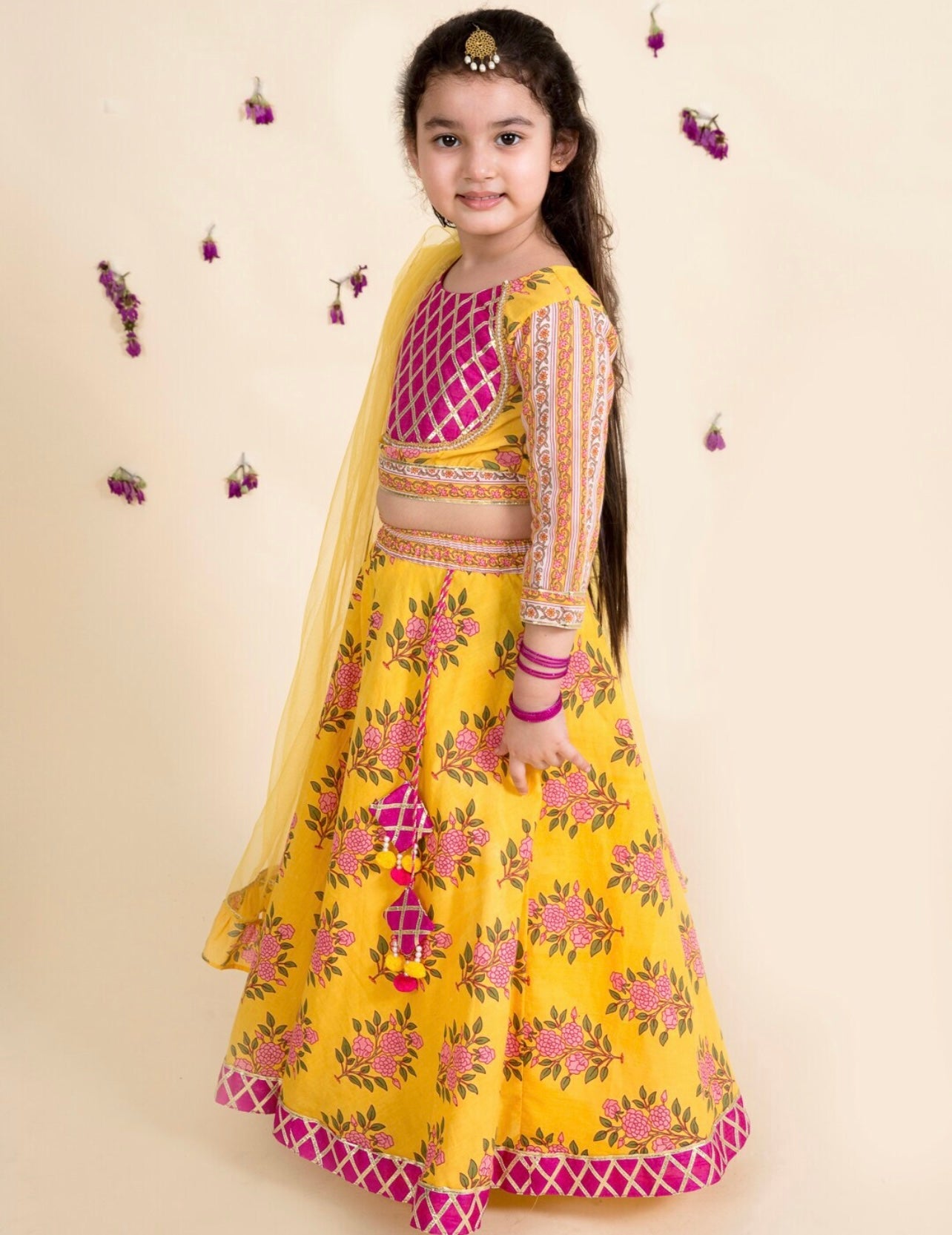 Indi Kids Yellow and Pink Girls Lehenga Choli
