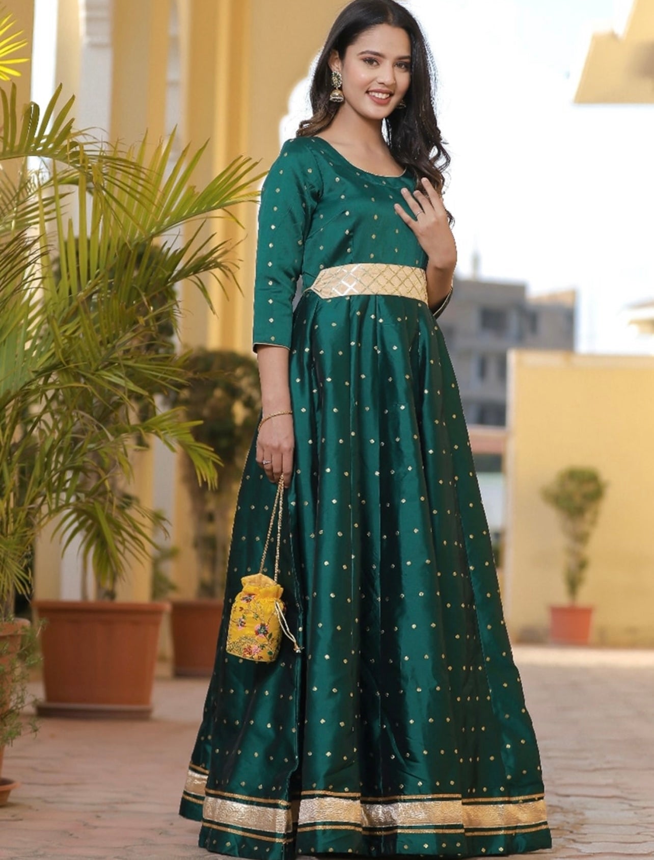 Green Ethnic Maxi Gown with Embbellished Belt