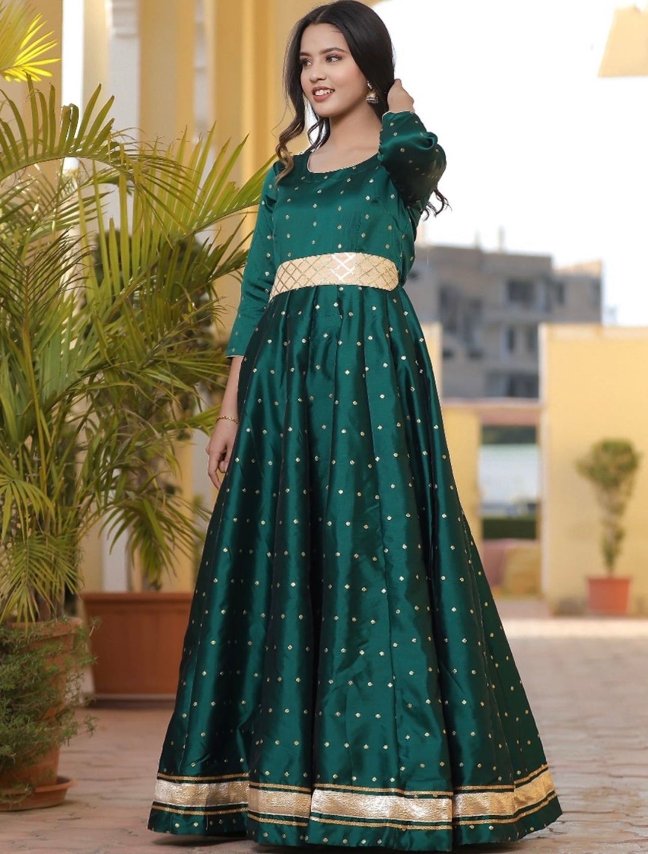Green Ethnic Maxi Gown with Embbellished Belt