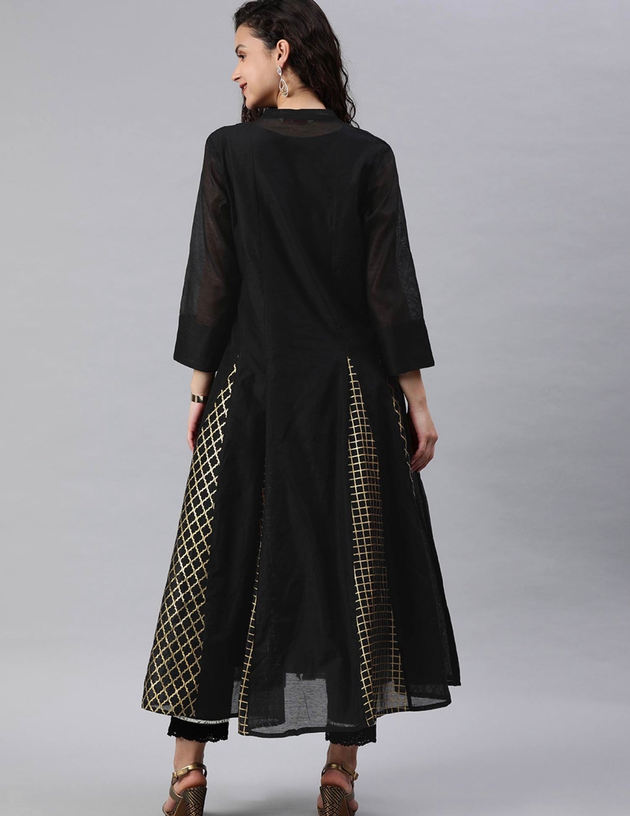 Black Silk Kurta with sequin yoke and gold print