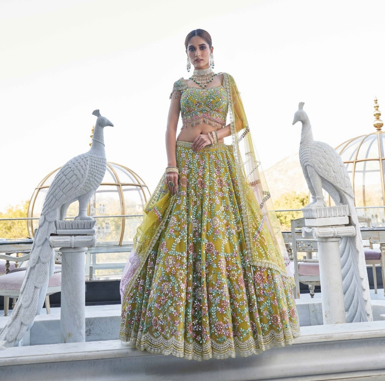 Indi Luxe Lime All over mirror work Designer lehenga choli