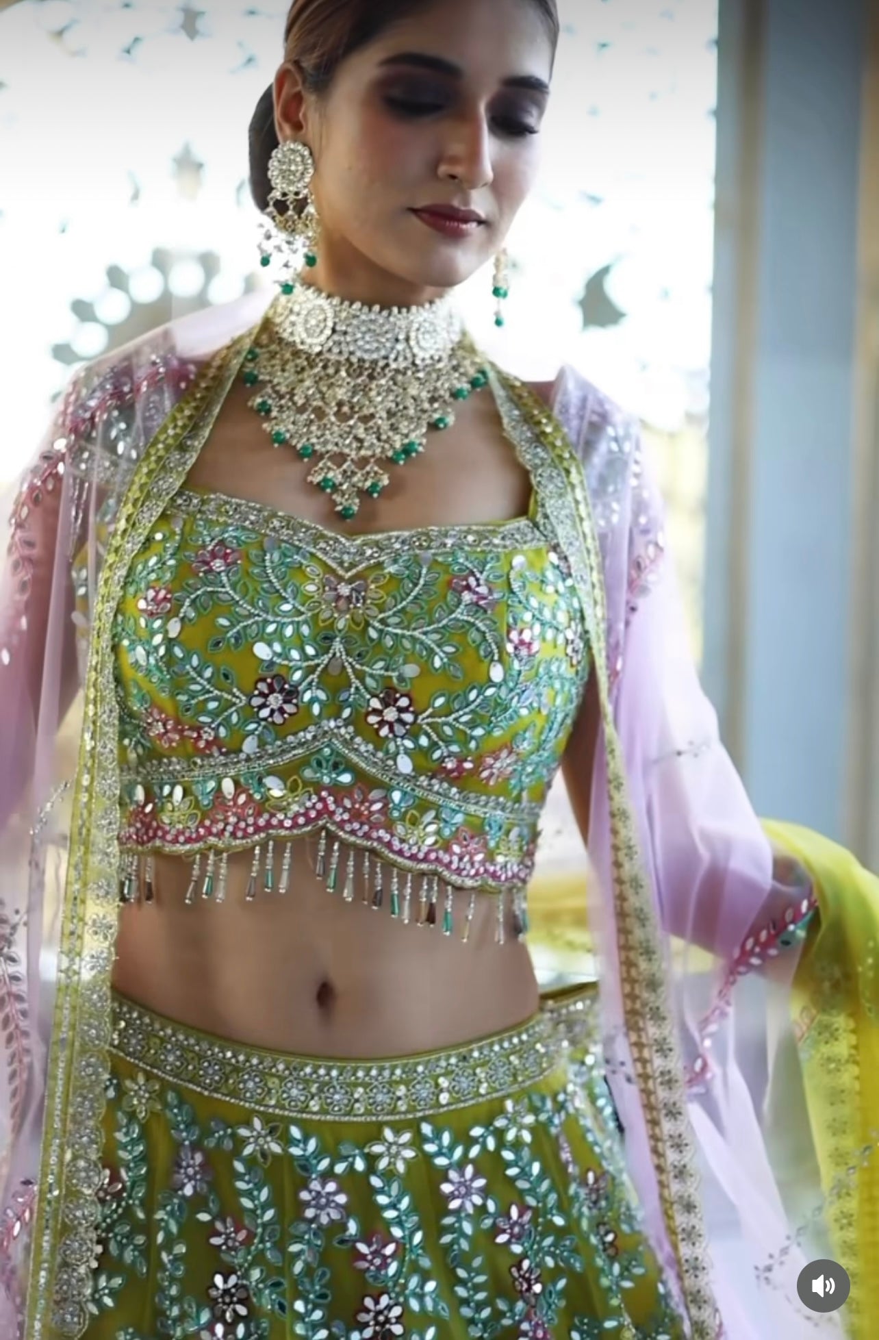 Indi Luxe Lime All over mirror work Designer lehenga choli