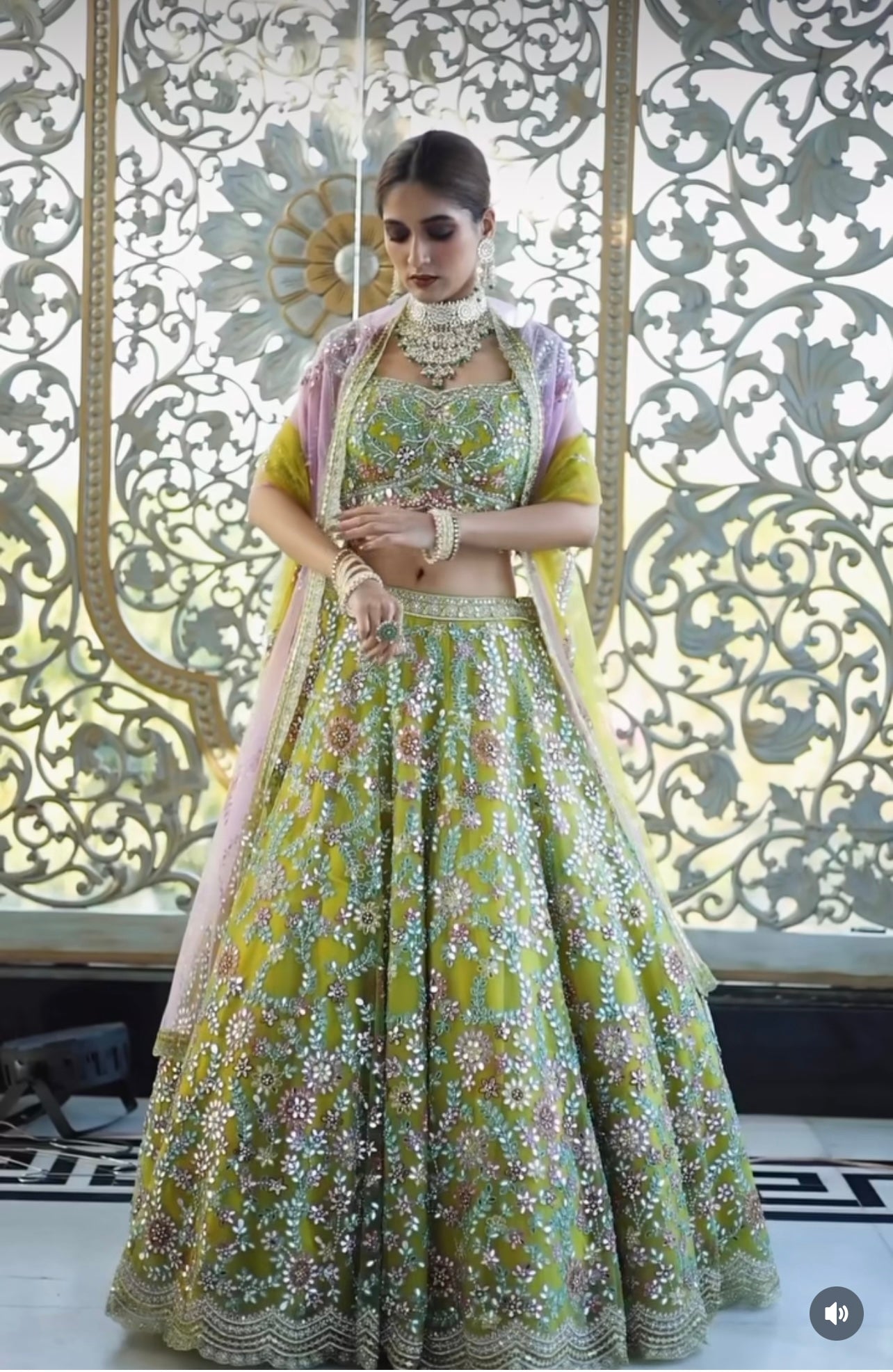 Indi Luxe Lime All over mirror work Designer lehenga choli