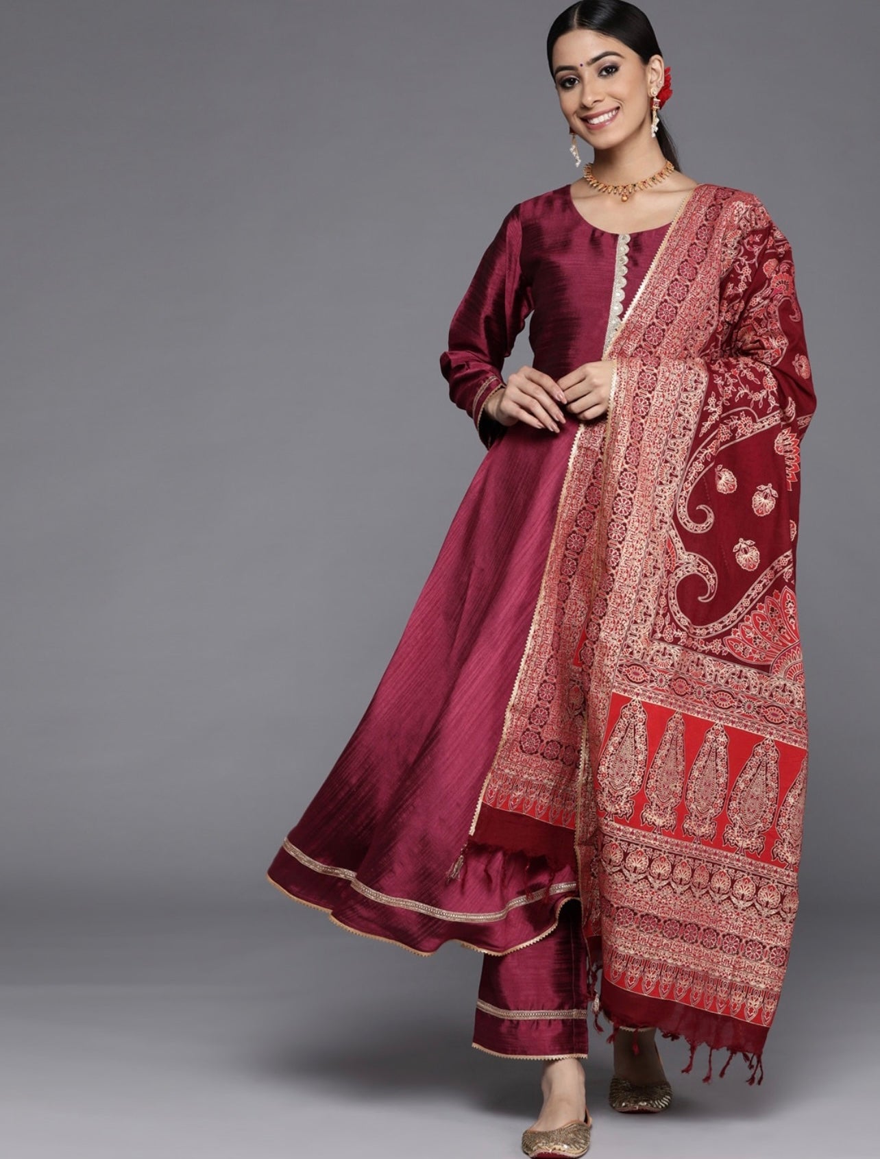 Maroon Chanderi Festive Anarkali Kurta set