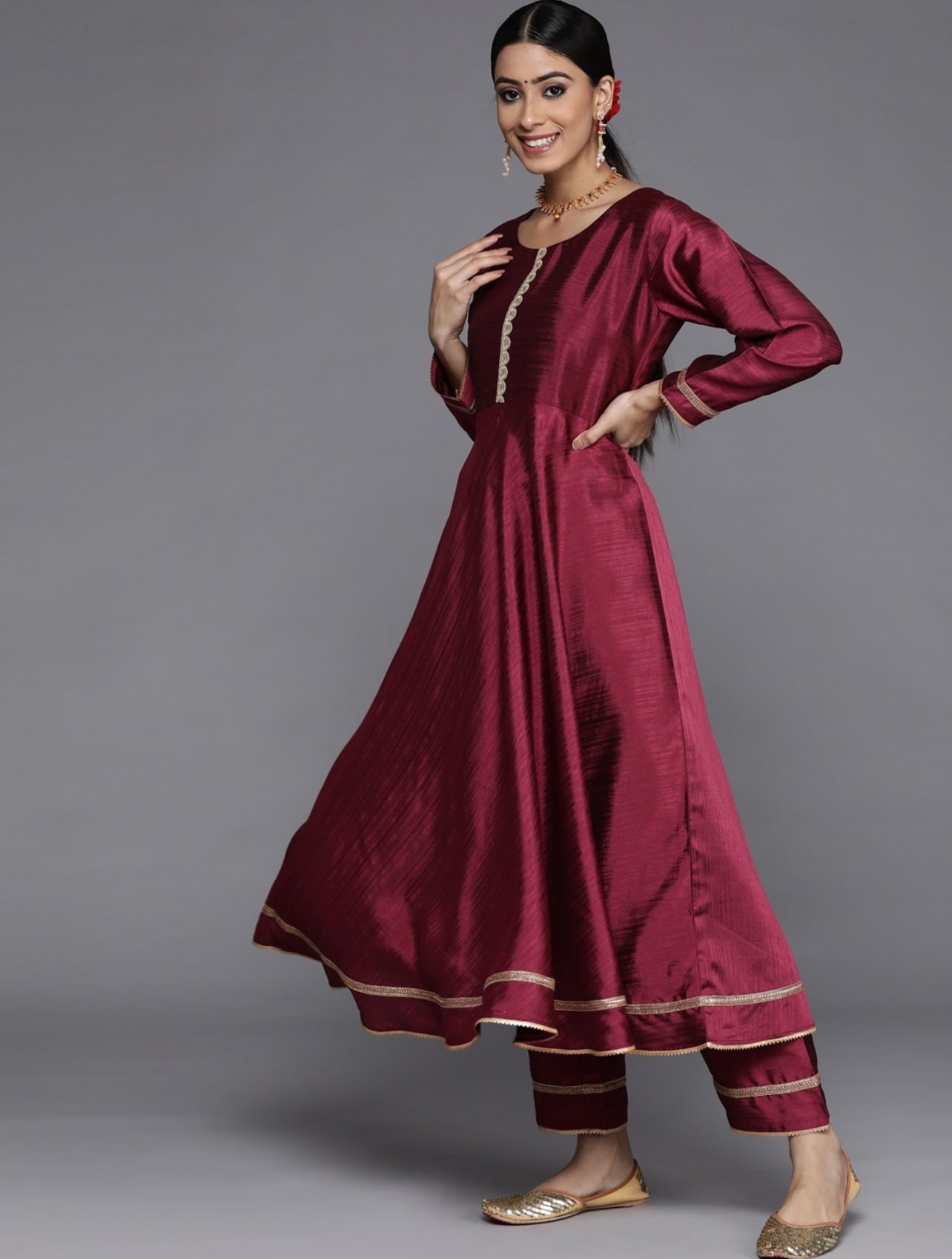 Maroon Chanderi Festive Anarkali Kurta set