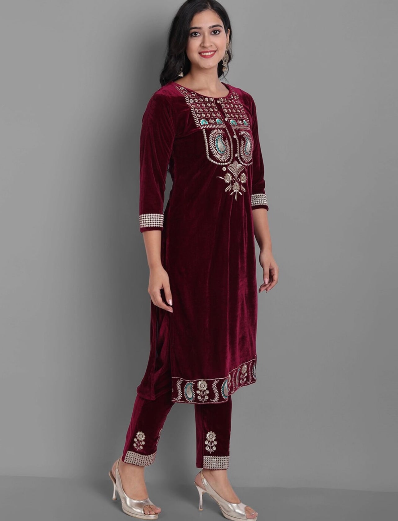 Wine Velvet Kurta set with beautiful embroidery work