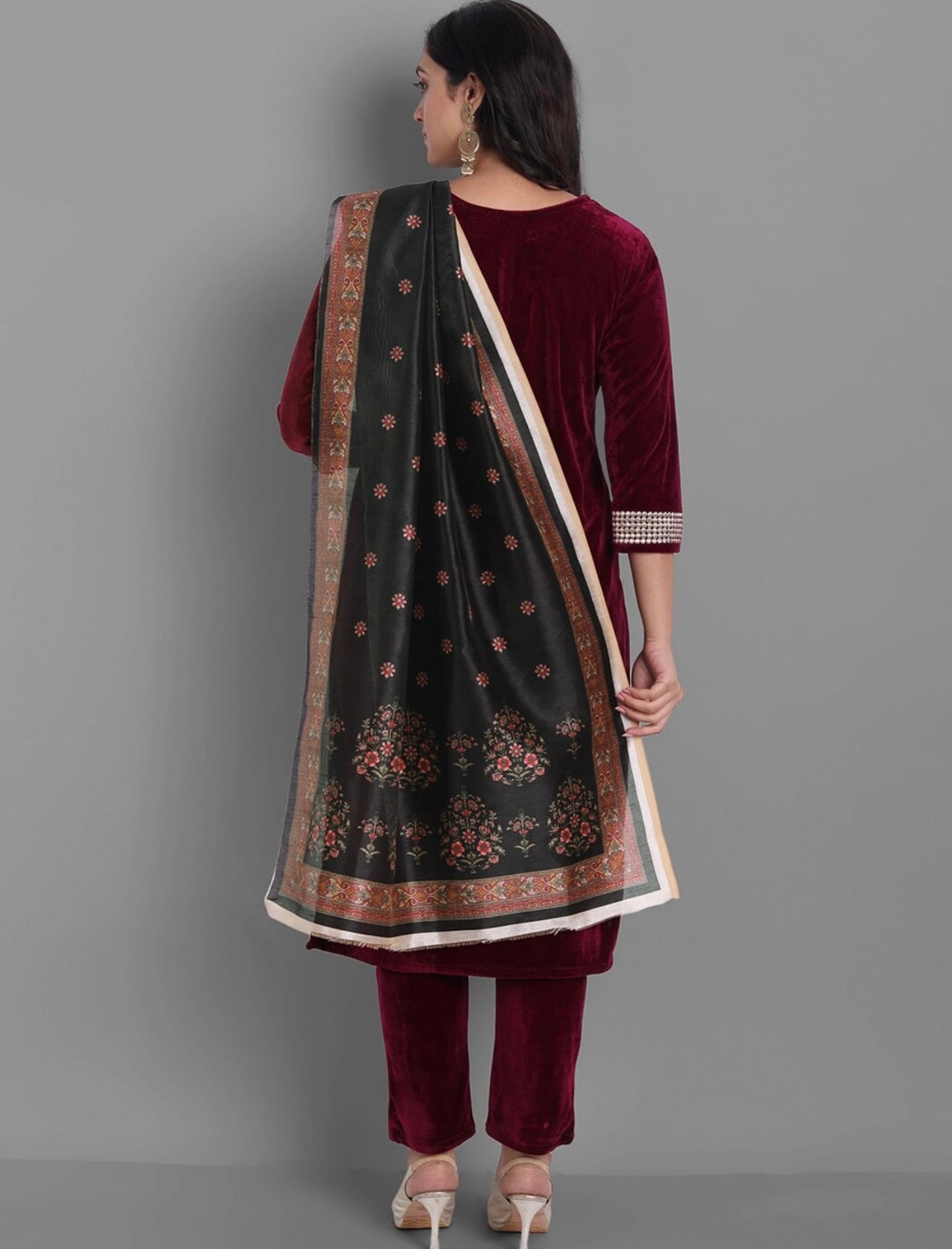 Wine Velvet Kurta set with beautiful embroidery work