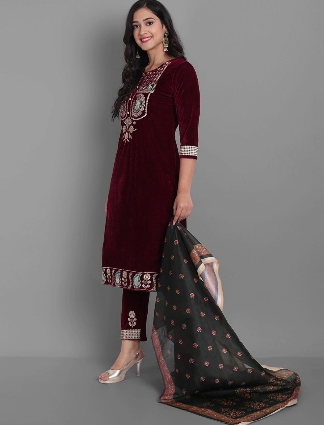 Wine Velvet Kurta set with beautiful embroidery work