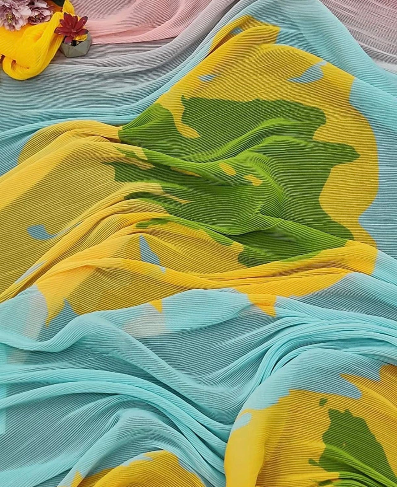 Yellow digitally printed crushed saree with unstitched blouse