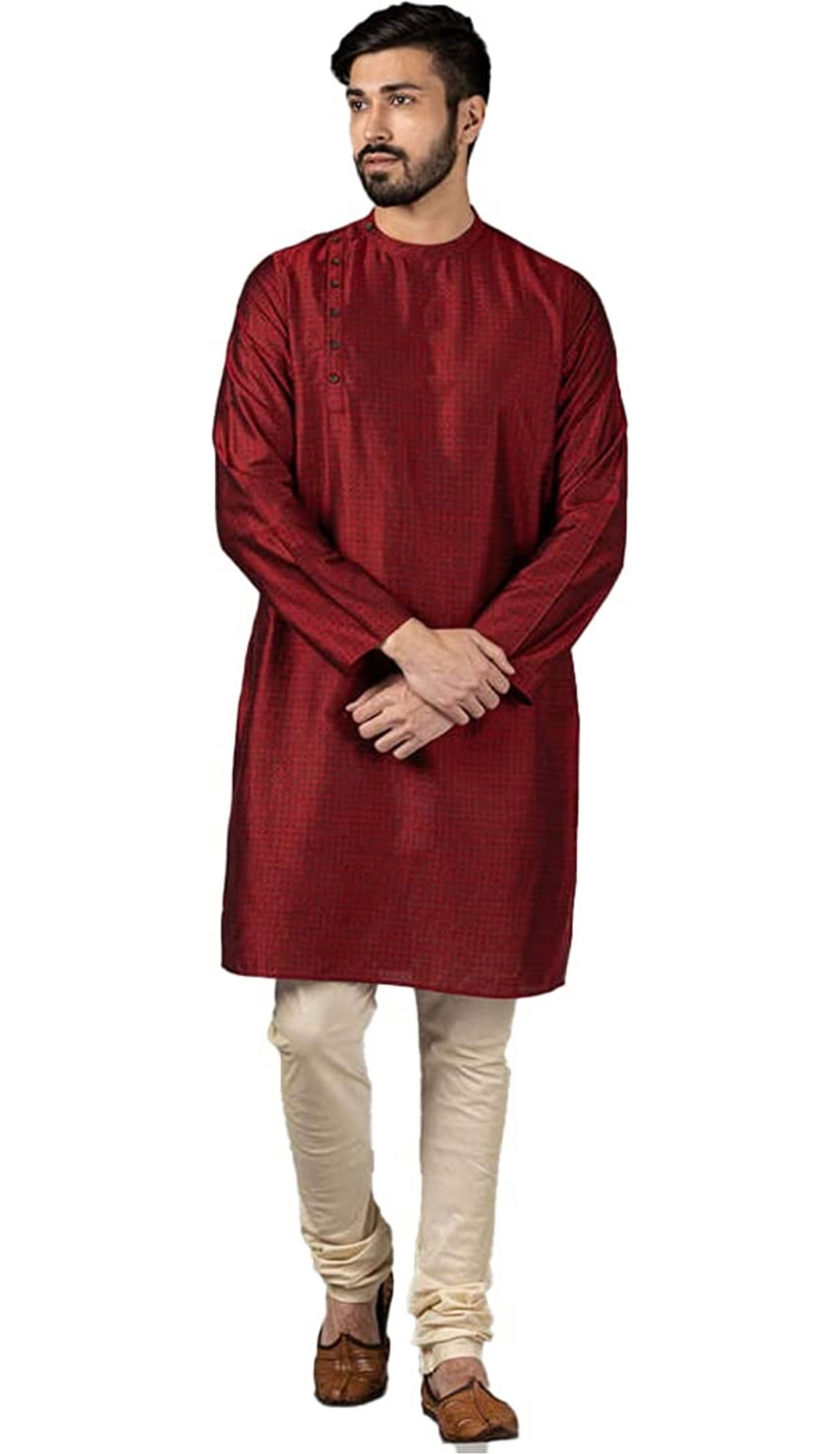 Men's Maroon Silk Side Button Kurta