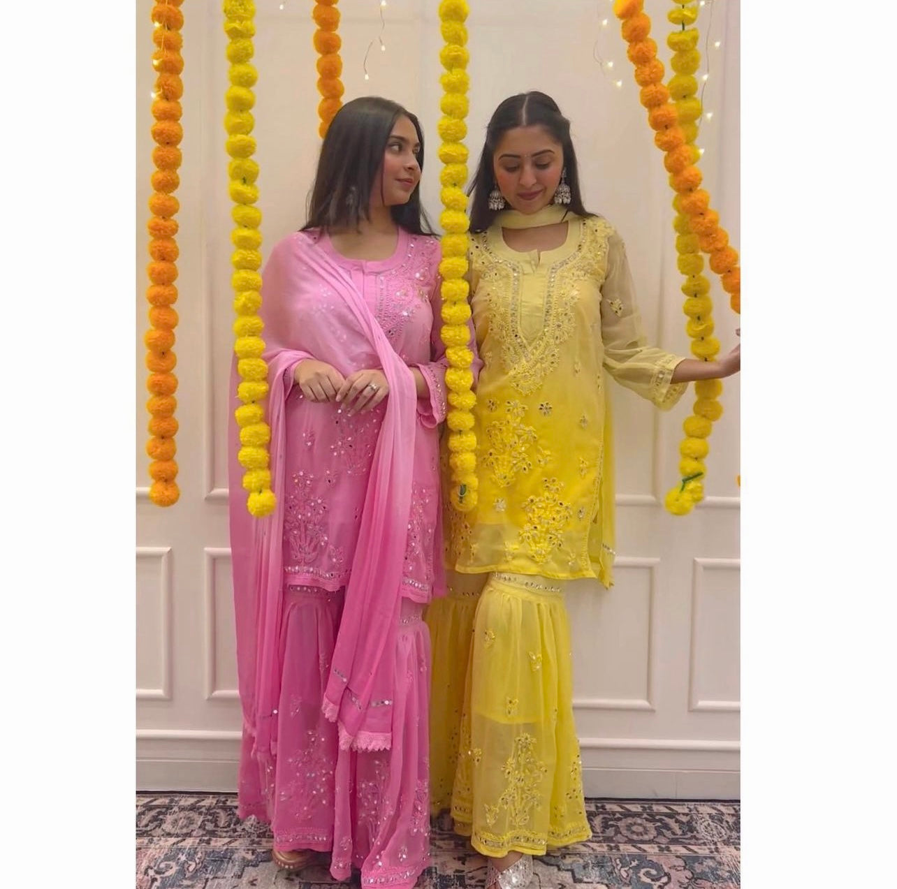 lemon Yellow Lucknowi Heavy Mirror work Sharara set