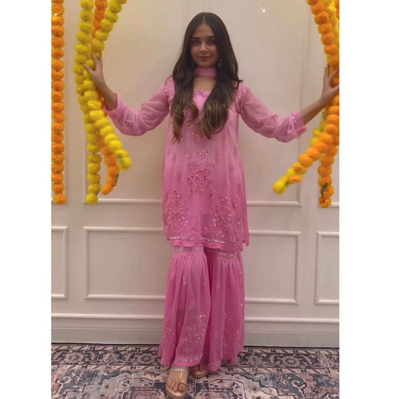 Pink Lucknowi Heavy Mirror work Sharara set