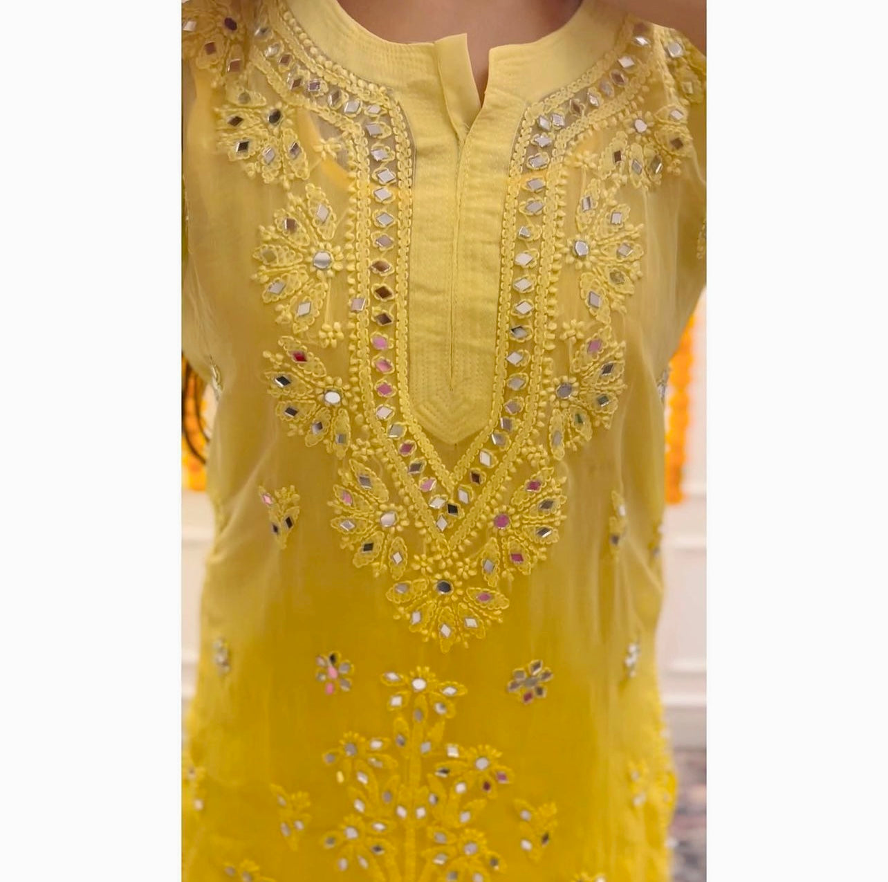 lemon Yellow Lucknowi Heavy Mirror work Sharara set