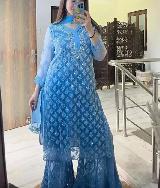 Lucknowi Blue Shaded Mirror Work kurta set