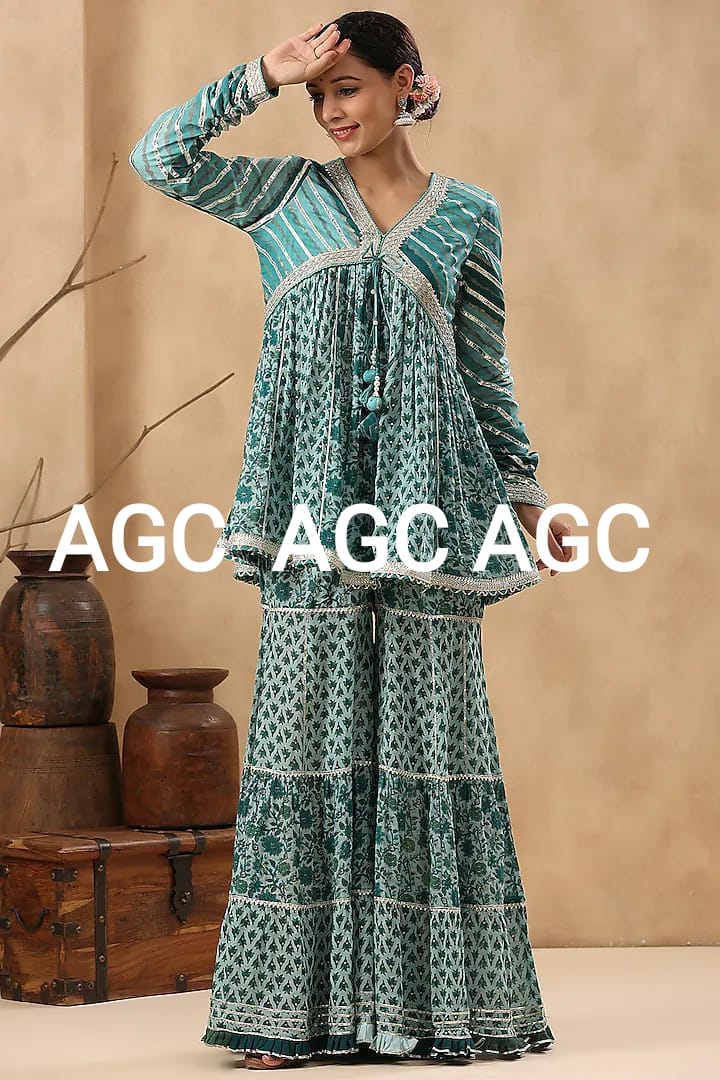 Teal Alia Cut Heavy Gota work Sharara set