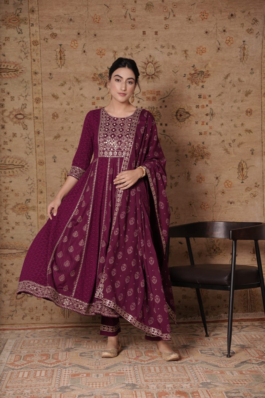 Premium Quality Heavy Embroidery and Mirror Rayon Anarkali Kurta set
