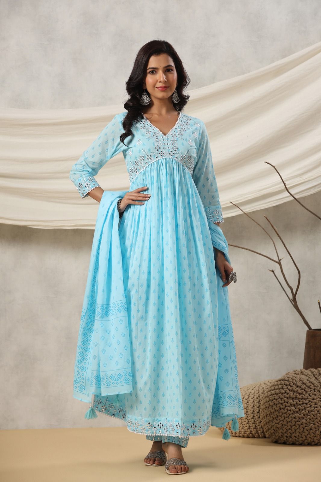 Sky Blue Mirror work Alia cut Kurta set
