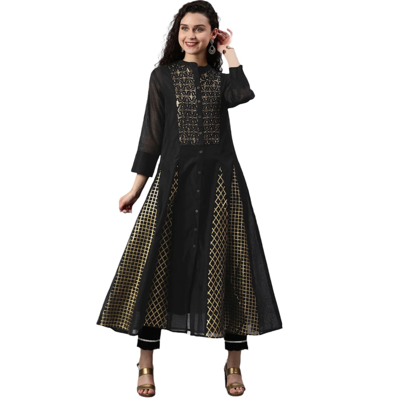 Black Silk Kurta with sequin yoke and gold print