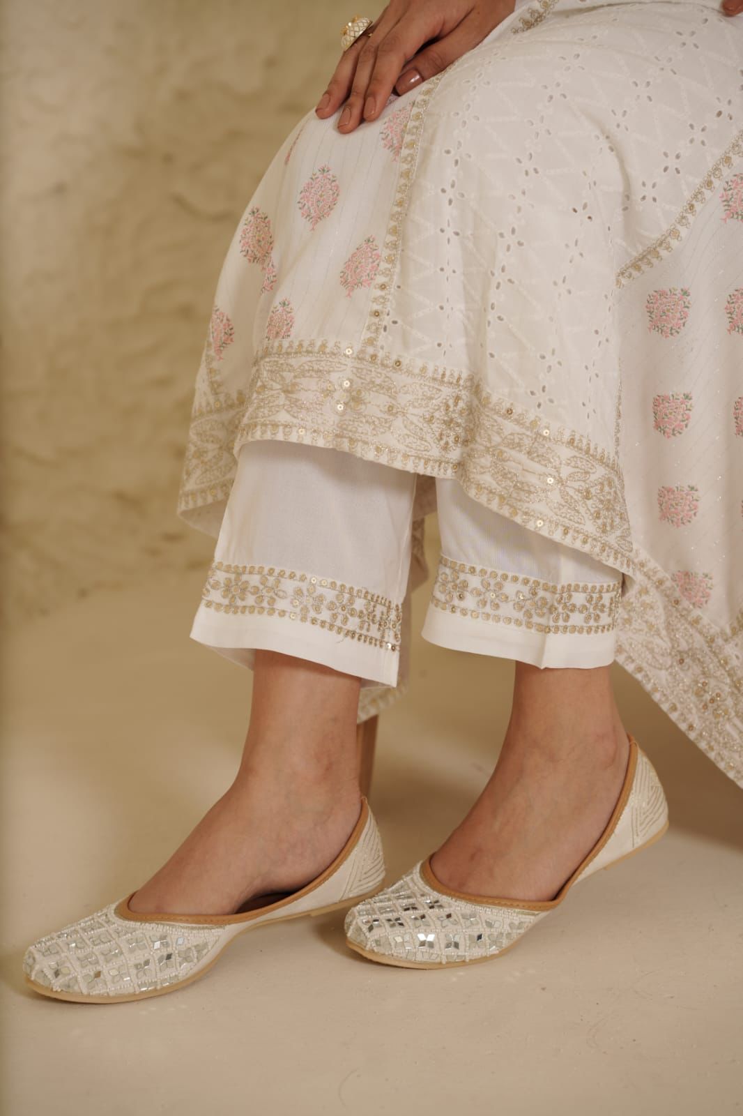 White Premium Quality Mirror work Anarkali Kurta Set