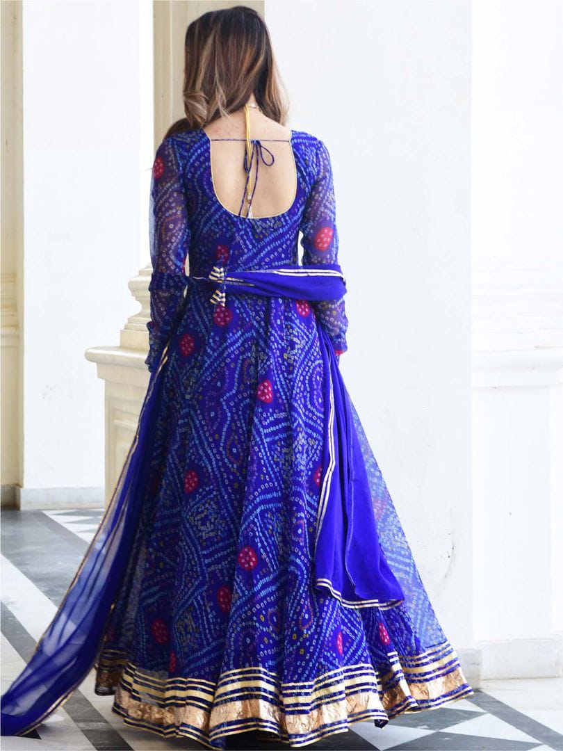 Royal Blue Bandhni Printed Heavy flared Anarkali Kurta set